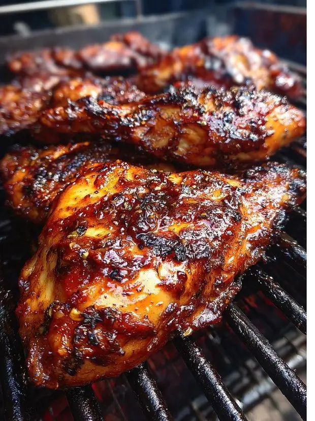 Poulet mariné sur le grill au charbon