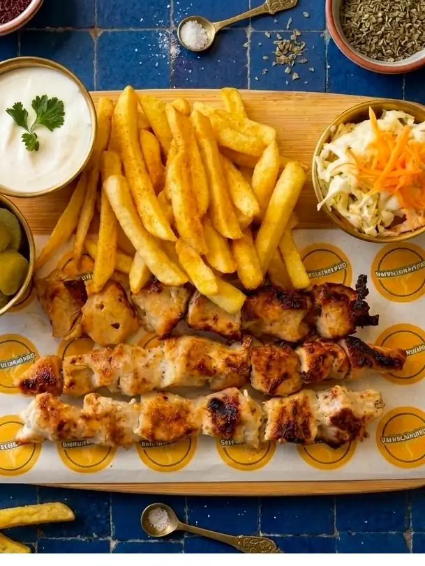 Brochettes de poulet avec frites, salade de chou et cornichons